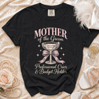 Black t-shirt with "Mother of the Groom" and "Professional Crier & Budget Holder" text.