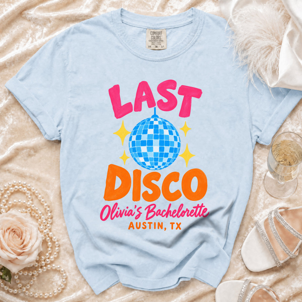 Light blue Comfort Colors t-shirt printed with Last Disco, Olivia's Bachelorette, and Austin, TX text.