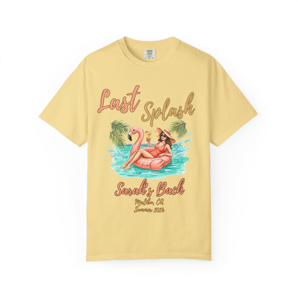 "Last Splash Sarah's Bach Malibu, CA Summer 2024" text on a yellow t-shirt with woman on flamingo float.
