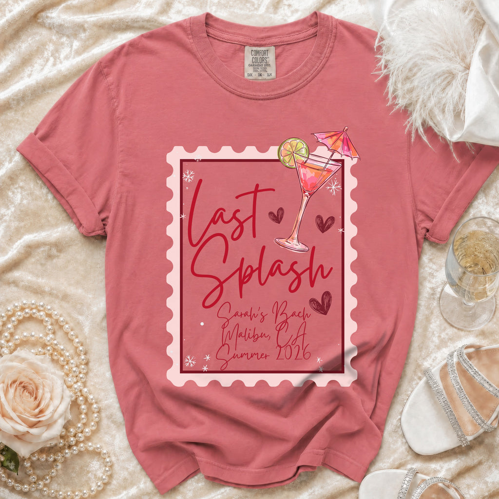 Dusty rose t-shirt with "Last Splash" design and party details.