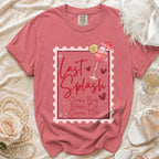 Dusty rose t-shirt with "Last Splash" design and party details.