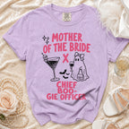 Purple t-shirt with "Mother of the Bride x Chief Boo-gie Officer" text.