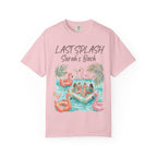 Pink t-shirt with "Last Splash Sarah's Bach" and illustration of women in pool floats.