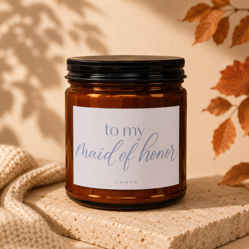 Amber jar candle with "to my maid of honor" text on the label.