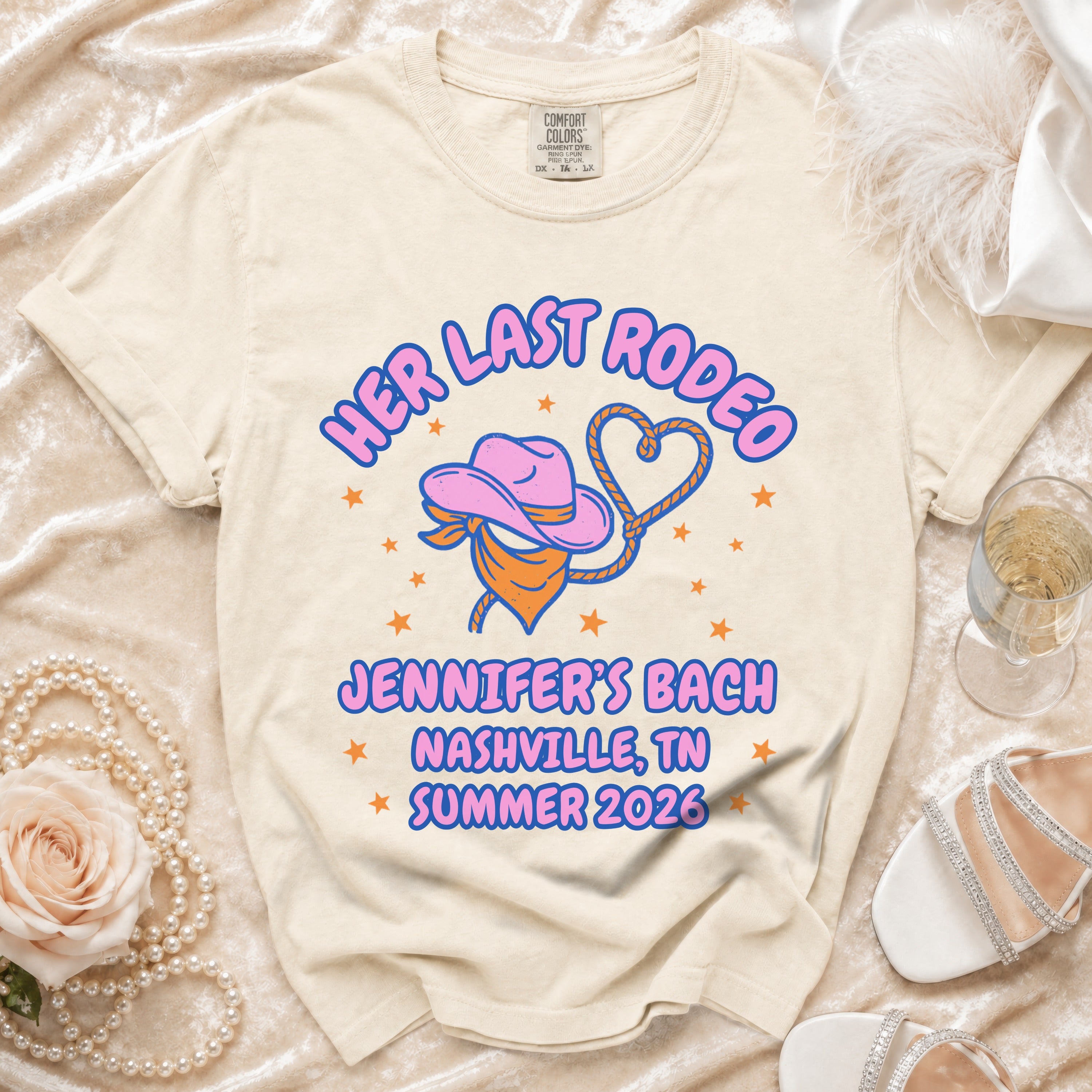 "Her Last Rodeo" t-shirt with "Jennifer's Bach Nashville, TN Summer 2026" text.