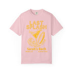 Pink t-shirt with "Last Splash" cocktail, waves, and text "Sarah's Bach Summer 2026".