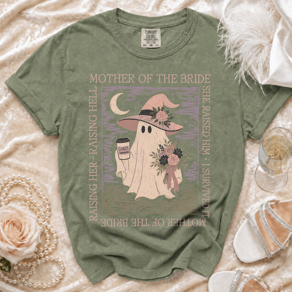 Mother of the Bride t-shirt featuring a ghost with a witch hat and "Chaos Coordinator" coffee cup.