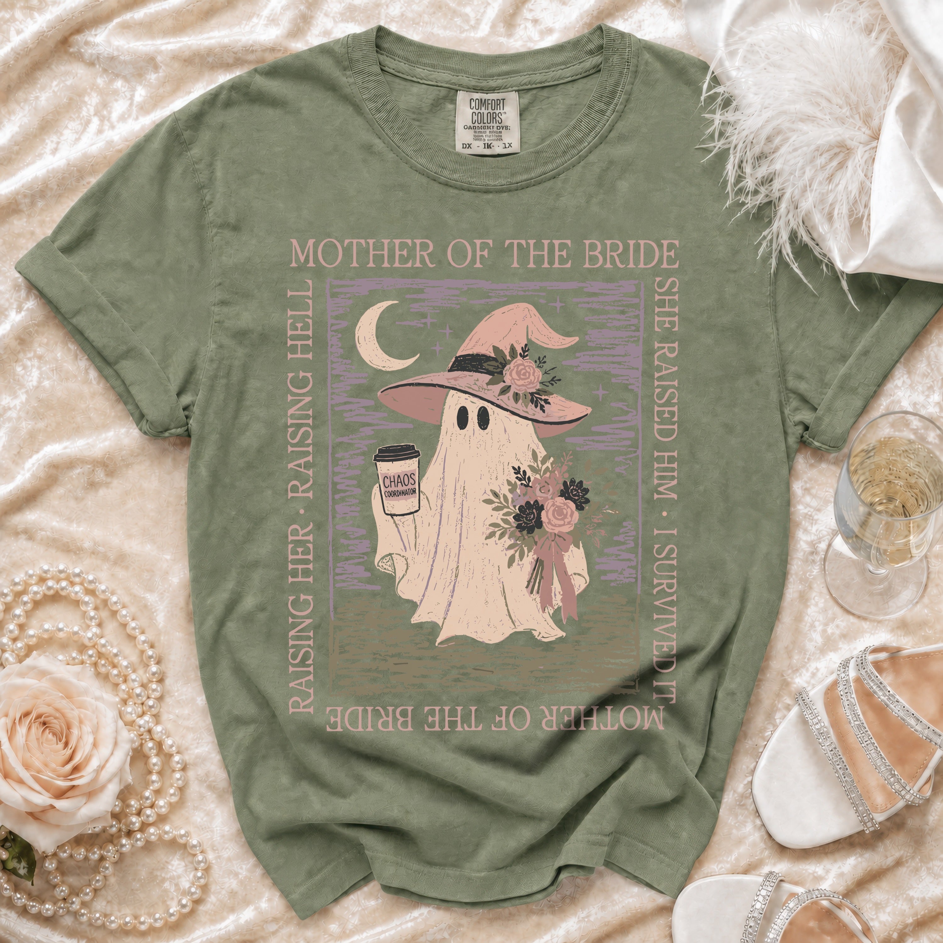 Mother of the Bride t-shirt featuring a ghost with a witch hat and "Chaos Coordinator" coffee cup.