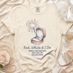 Red, White & I Do bachelorette t-shirt with fireworks and ring design.