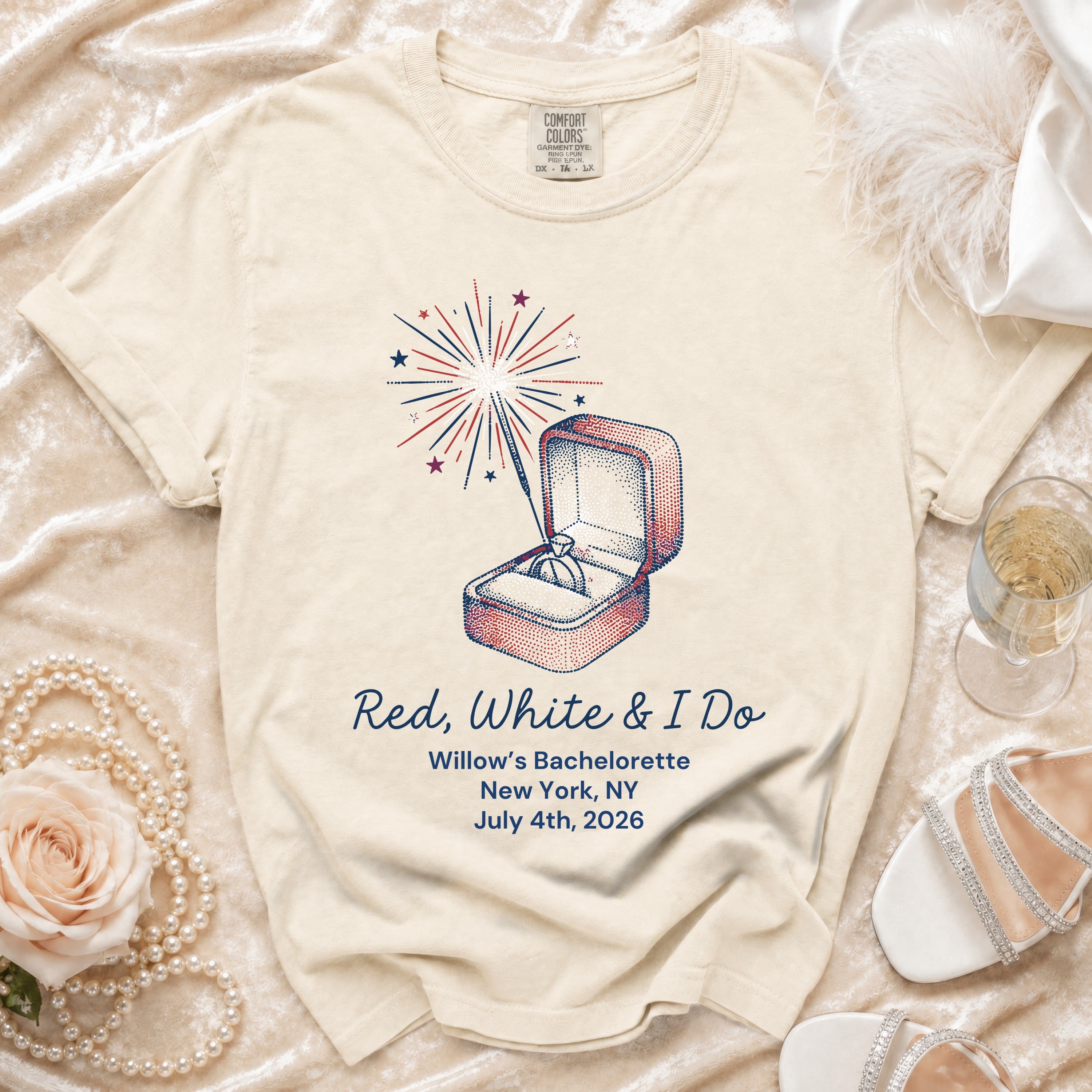 Red, White & I Do bachelorette t-shirt with fireworks and ring design.