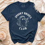 Navy Comfort Colors t-shirt with "Spooky Bride's Club" text and a ghost graphic.