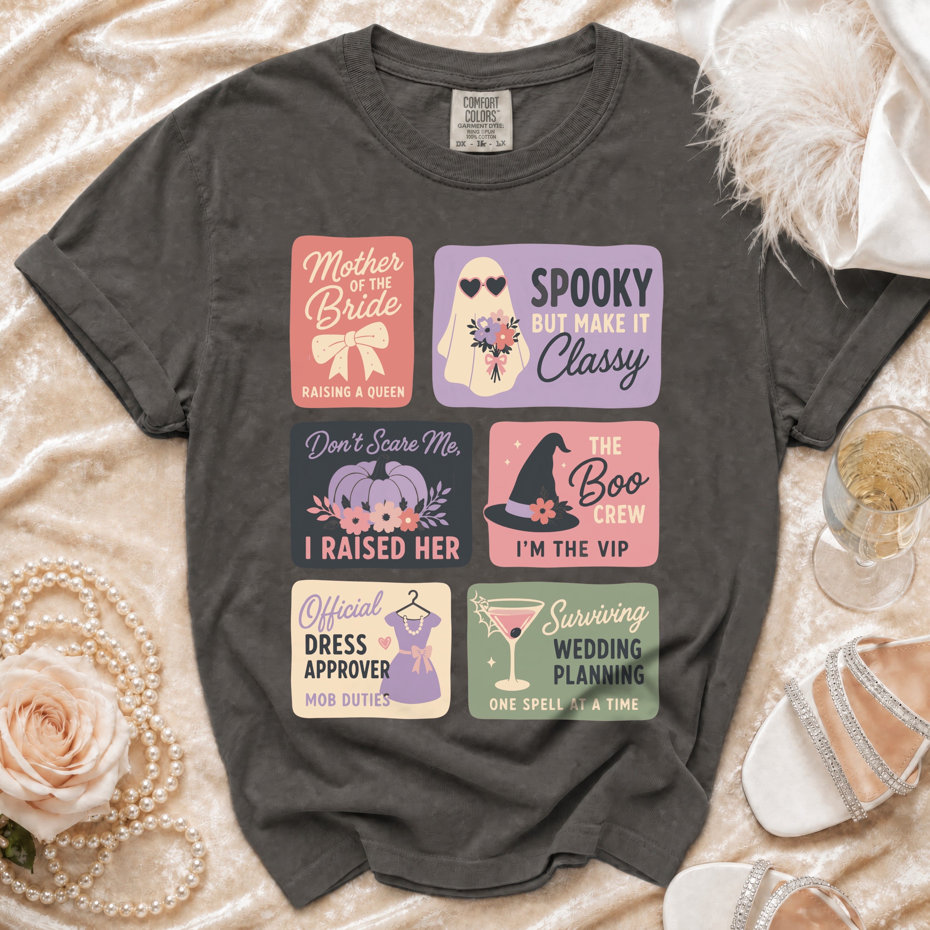 Dark grey t-shirt with six square designs featuring phrases like "Mother of the Bride" and "Spooky But Make It Classy."