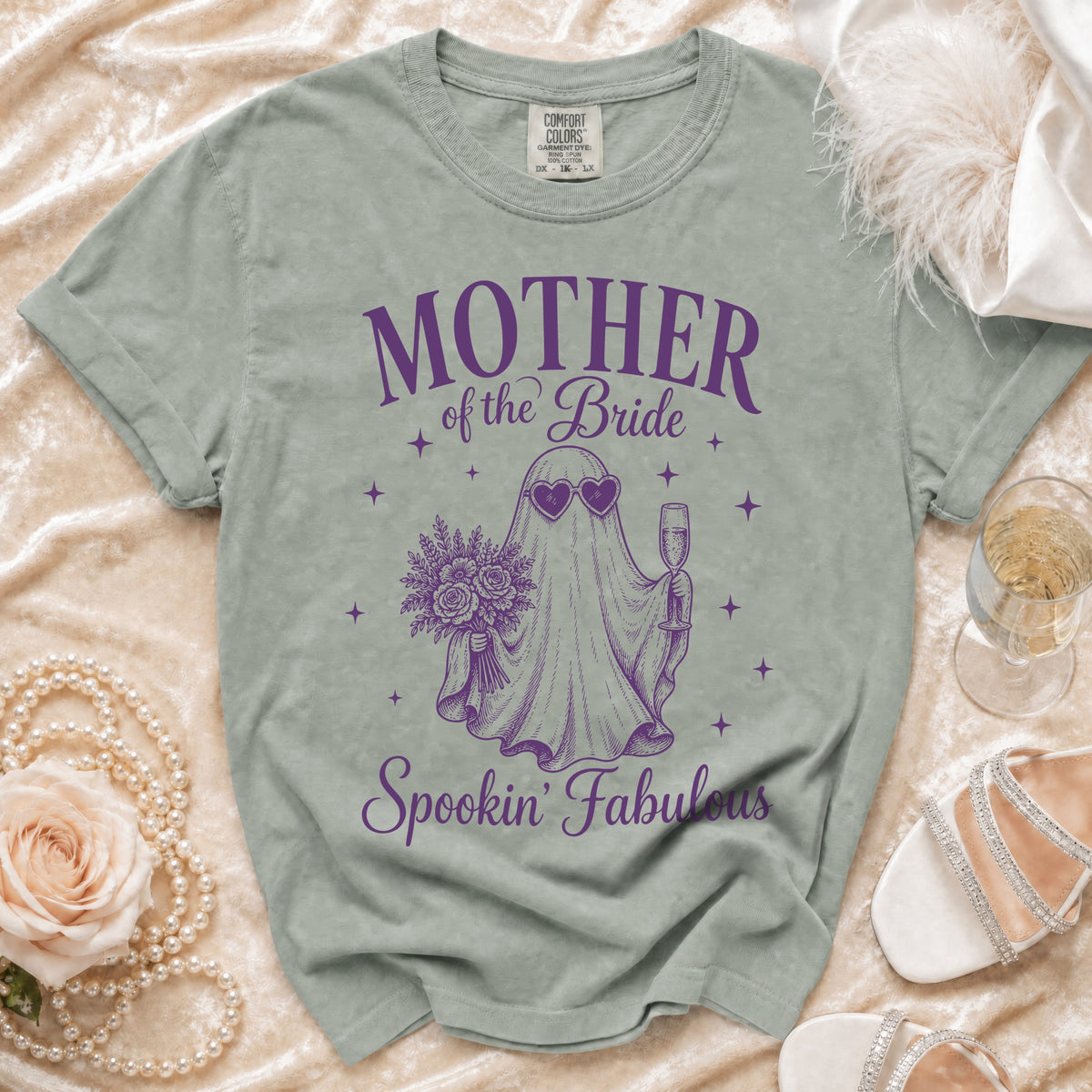 T-shirt with "Mother of the Bride Spookin' Fabulous" text and ghost graphic.