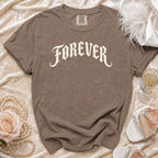 Brown Comfort Colors t-shirt with "FOREVER" in distressed cream lettering.