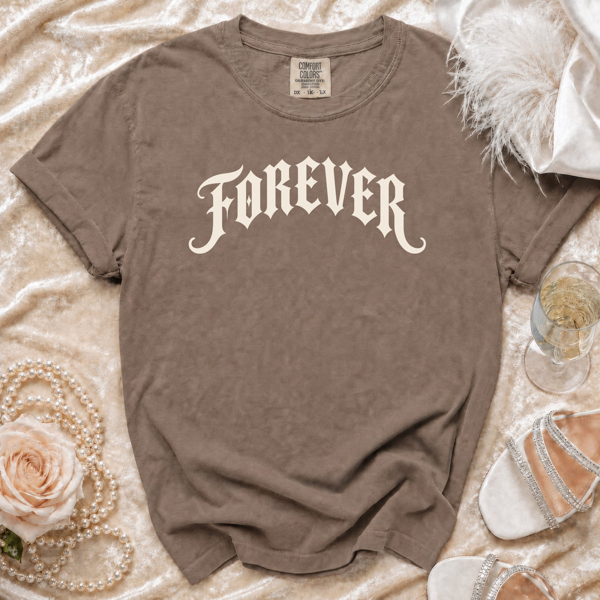 Brown Comfort Colors t-shirt with "FOREVER" in distressed cream lettering.
