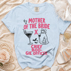 Light blue t-shirt with "Mother of the Bride x Chief Boo-gie Officer" graphic.