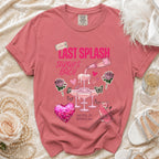 Pink t-shirt with "Last Splash Sarah's Bach Malibu, CA Summer 2026" text.