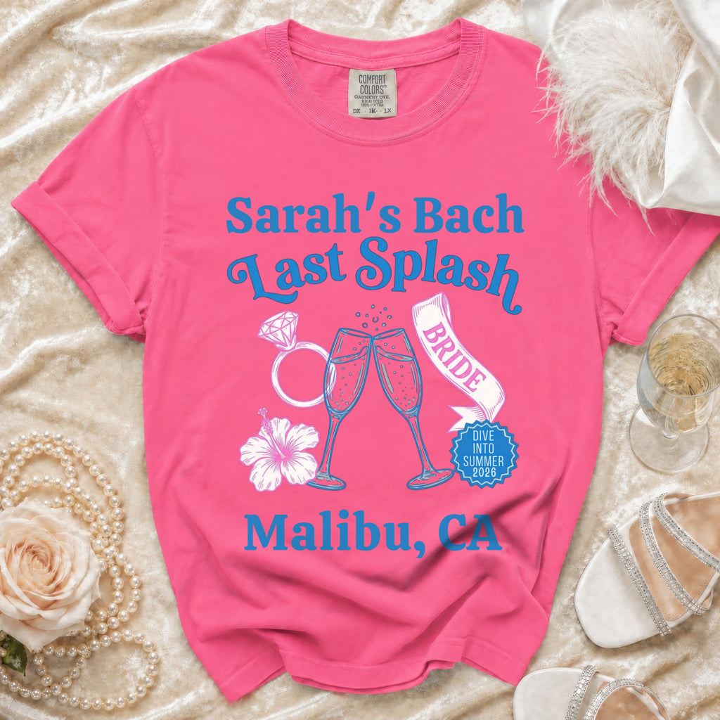 Pink t-shirt with "Sarah's Bach Last Splash" and wedding imagery.