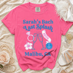 Pink t-shirt with "Sarah's Bach Last Splash" and wedding imagery.