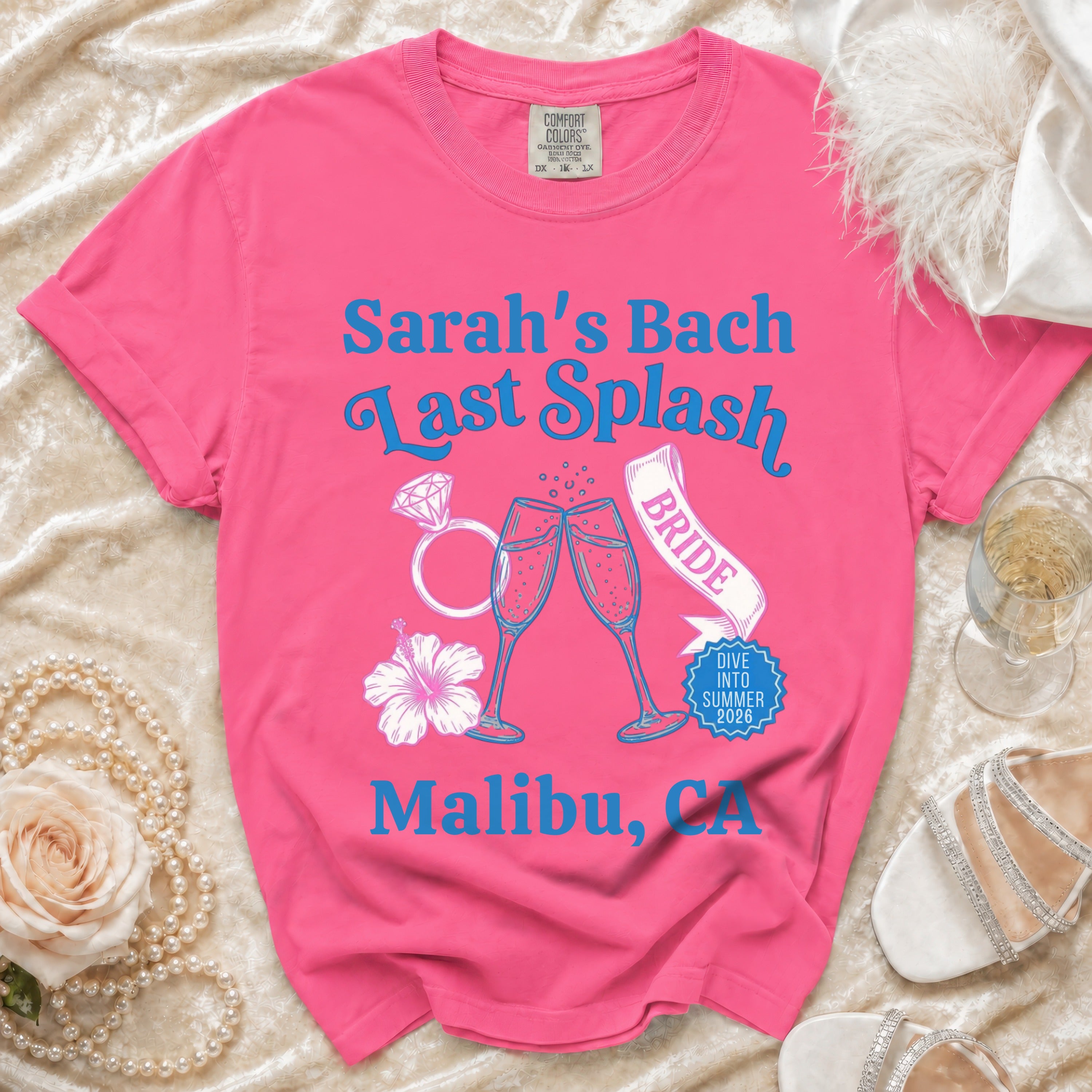 Pink t-shirt with "Sarah's Bach Last Splash" and wedding imagery.