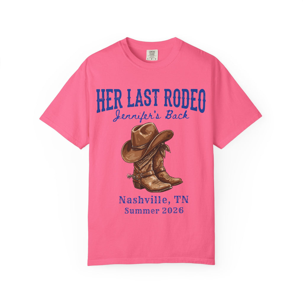 Pink t-shirt with "Her Last Rodeo" and cowboy boots graphic.
