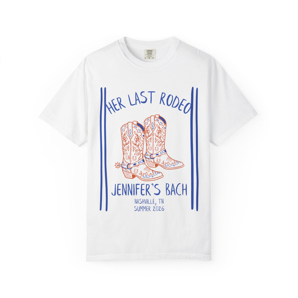 White t-shirt with "Her Last Rodeo Jennifer's Bach" and cowboy boots.
