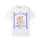 White t-shirt with "Her Last Rodeo Jennifer's Bach" and cowboy boots.