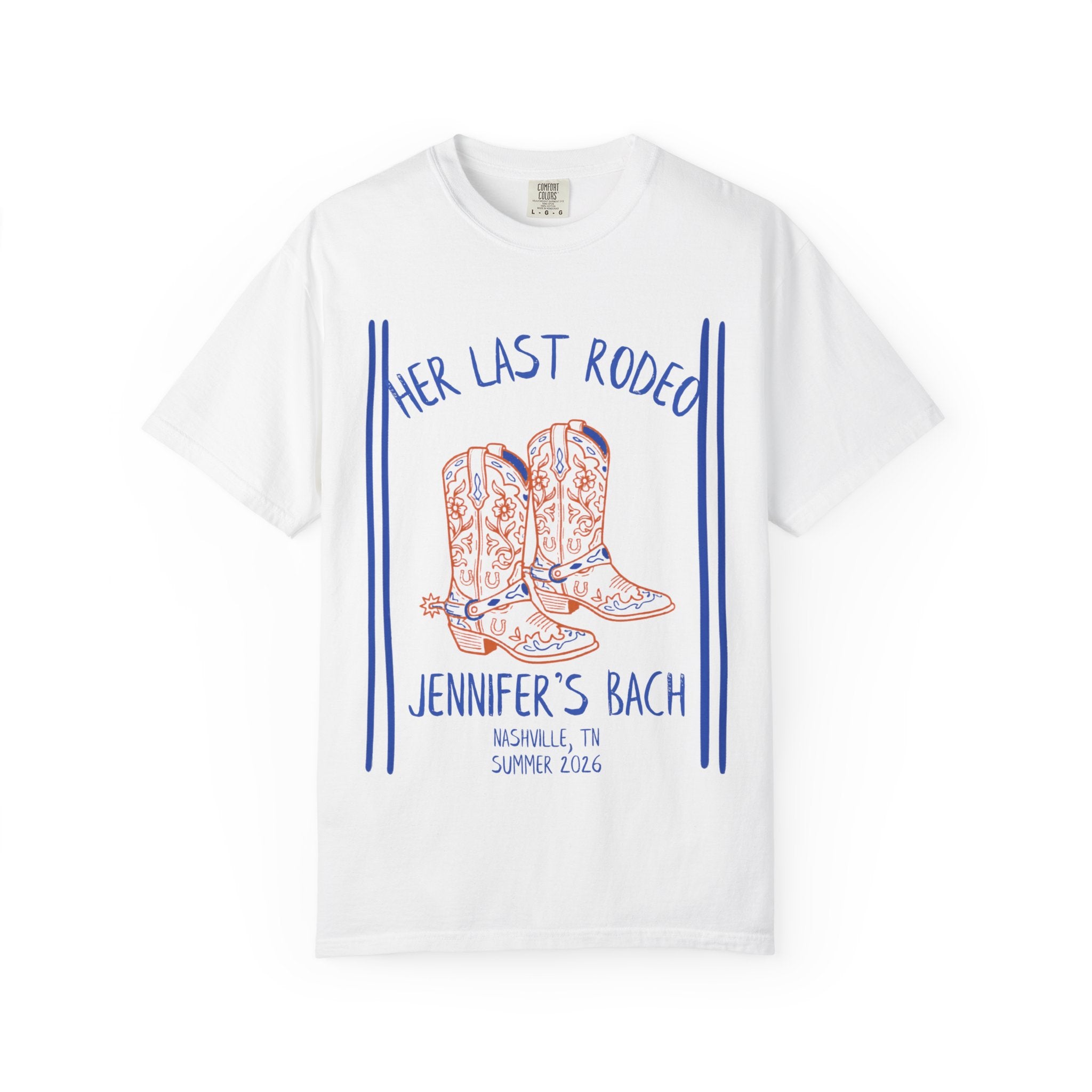 White t-shirt with "Her Last Rodeo Jennifer's Bach" and cowboy boots.