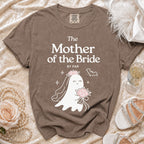 Brown t-shirt with "The Mother of the Bride" text and a bridal ghost graphic.