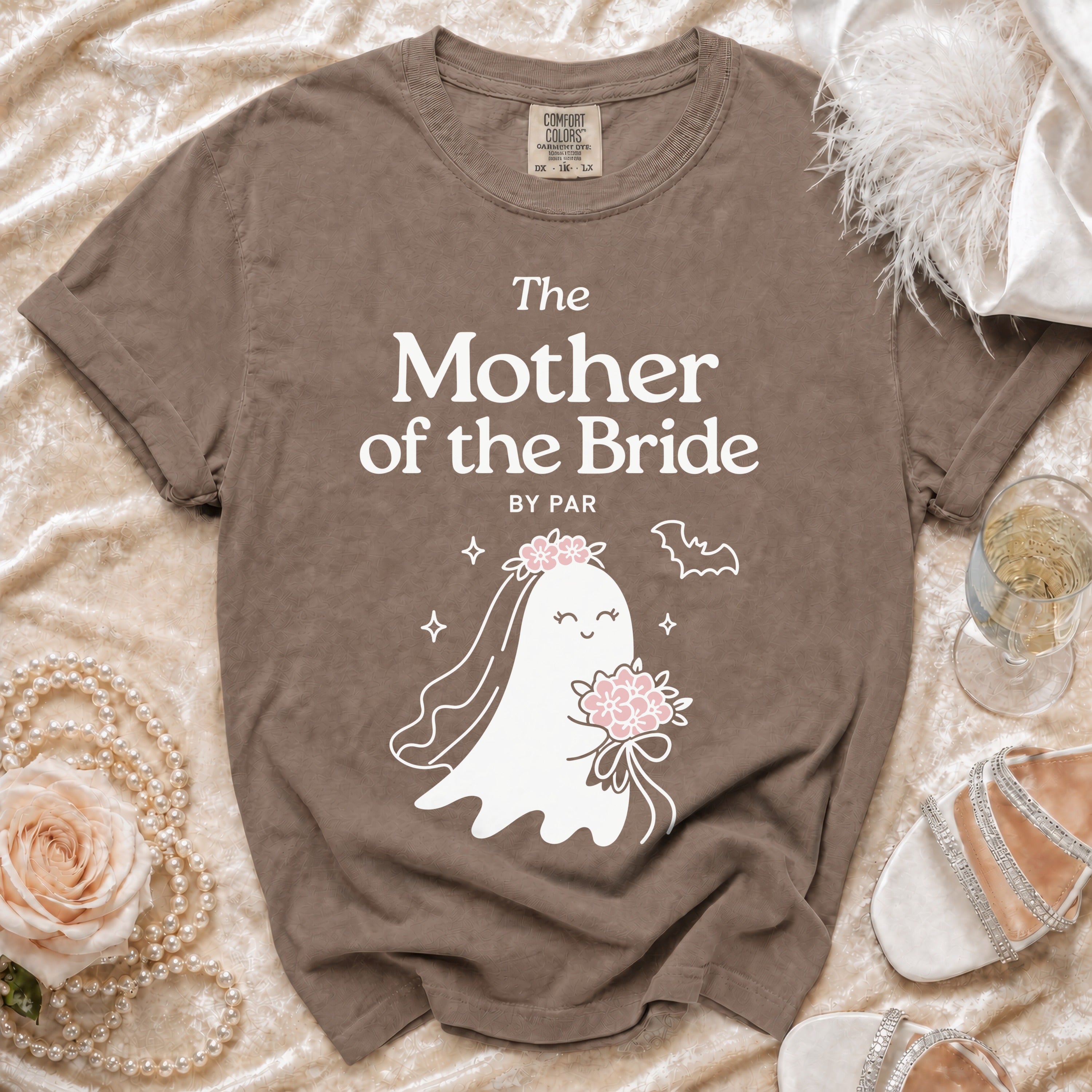 Brown t-shirt with "The Mother of the Bride" text and a bridal ghost graphic.