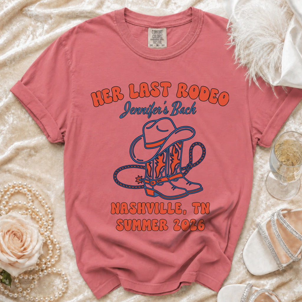 Coral t-shirt with "Her Last Rodeo Jennifer's Back Nashville, TN Summer 2026" and cowboy boots.