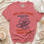 Coral t-shirt with "Her Last Rodeo Jennifer's Back Nashville, TN Summer 2026" and cowboy boots.