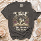 "Mother of the Groom, My Favorite Love Story" graphic tee with church and open book design.