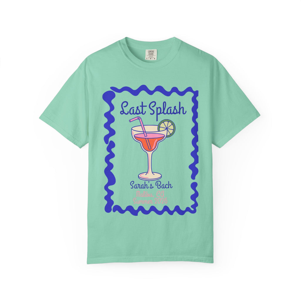 "Last Splash" bachelorette t-shirt with a cocktail and wavy border.