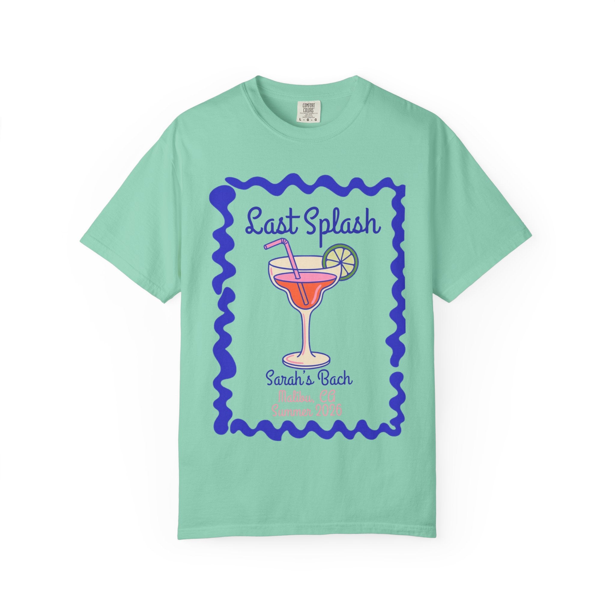 "Last Splash" bachelorette t-shirt with a cocktail and wavy border.