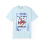 Light blue t-shirt with "Her Last Rodeo" text and a cowgirl graphic.