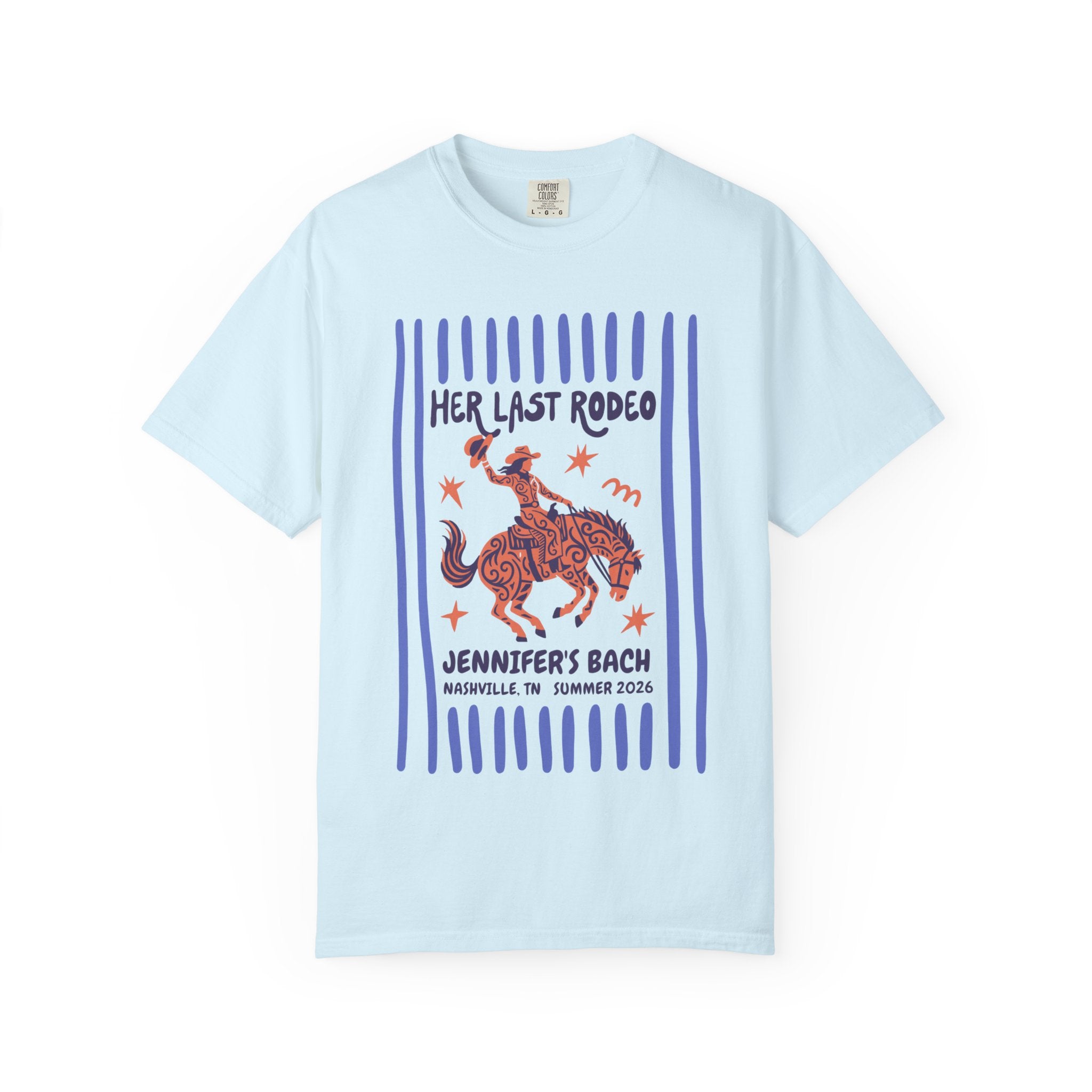 Light blue t-shirt with "Her Last Rodeo" text and a cowgirl graphic.