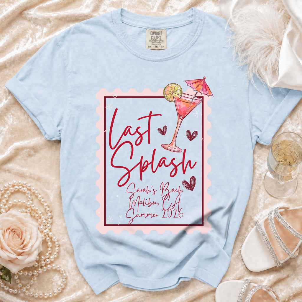 Light blue t-shirt with "Last Splash" design and "Sarah's Bach Malibu, CA Summer 2026" text.