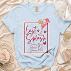 Light blue t-shirt with "Last Splash" design and "Sarah's Bach Malibu, CA Summer 2026" text.