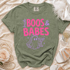 Olive green t-shirt with "Bride Boos & Babes" text and ghost graphic.