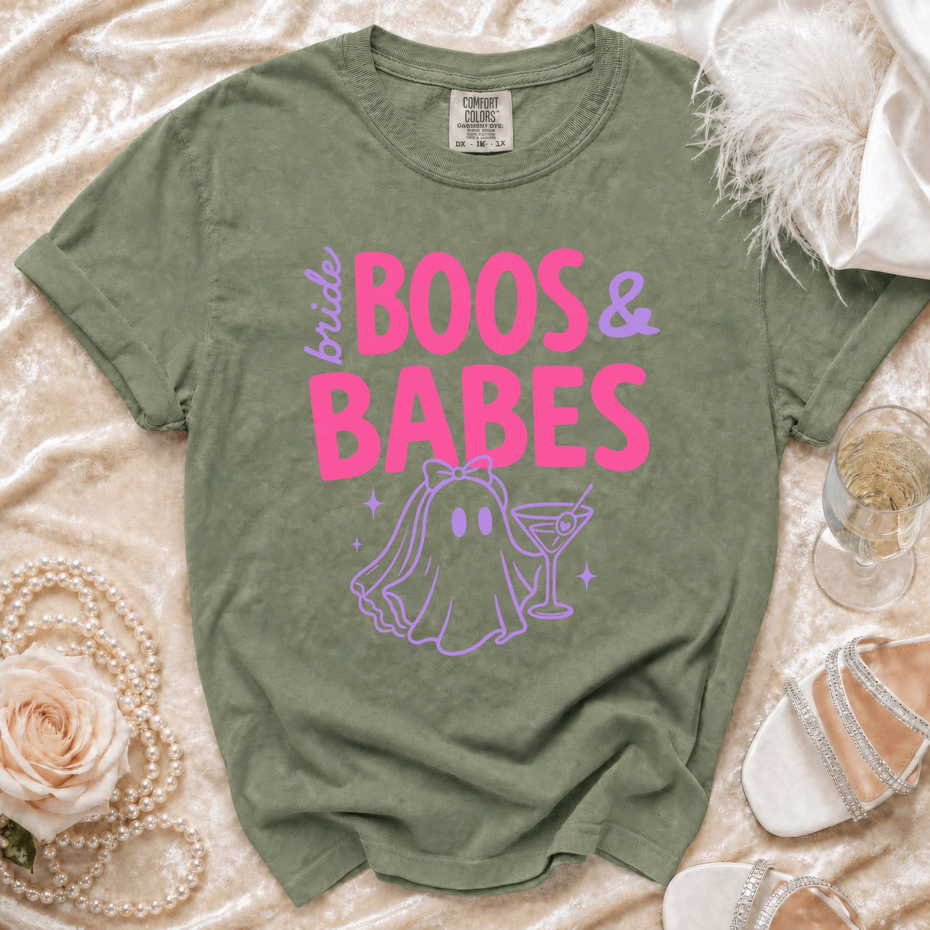 Olive green t-shirt with "Bride Boos & Babes" text and ghost graphic.