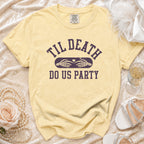 Yellow t-shirt with "Til Death Do Us Party" text and skeleton hands.
