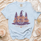 Light blue t-shirt with "Mother of the Bride I'll Cast the Best Spell" graphic.