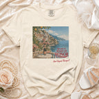 Cream t-shirt with graphic of Italian coast, wine, and text "Officially the Maid of Honor And Unpaid Therapist!".