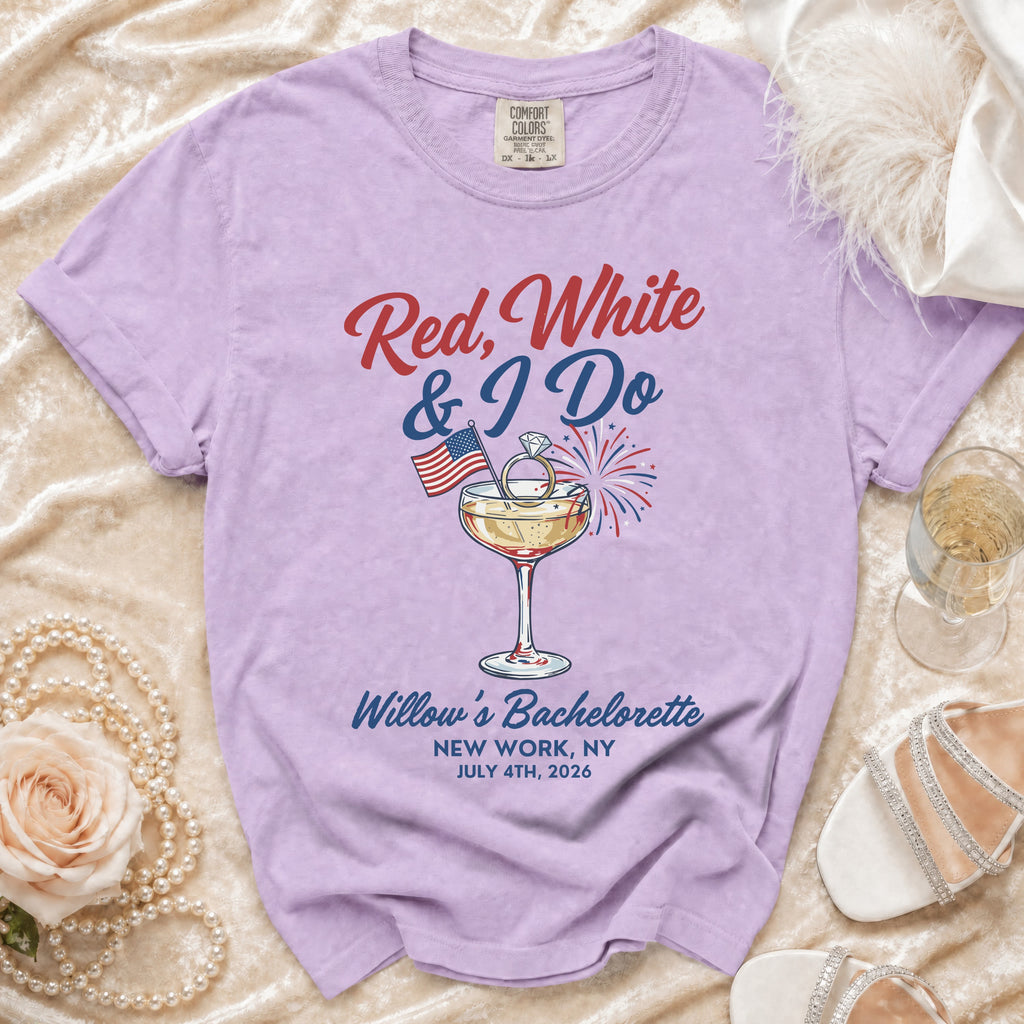 Lavender t-shirt with "Red, White & I Do Willow's Bachelorette" text and fireworks.