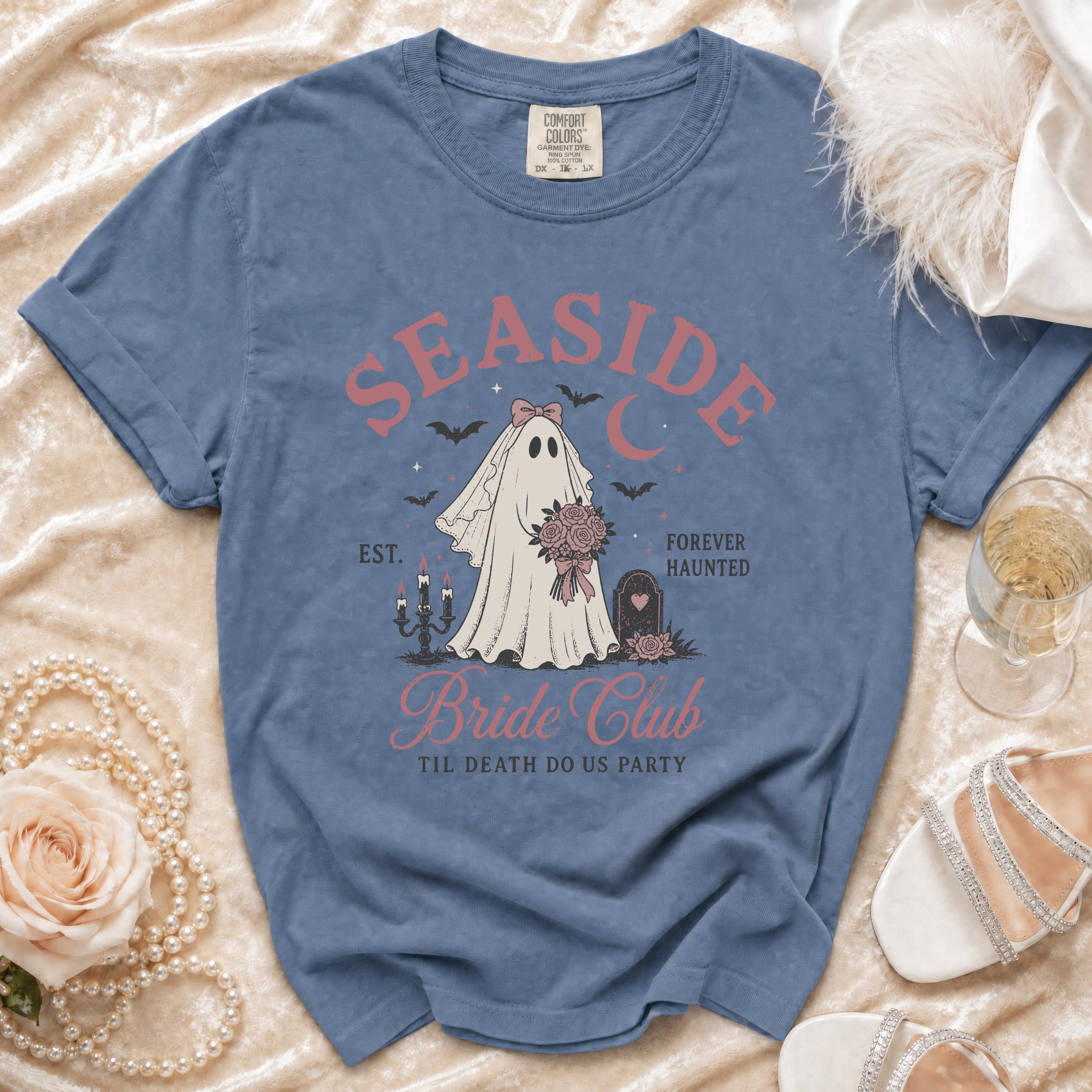 Blue t-shirt with ghost bride, bats, and "Bride Club" text.