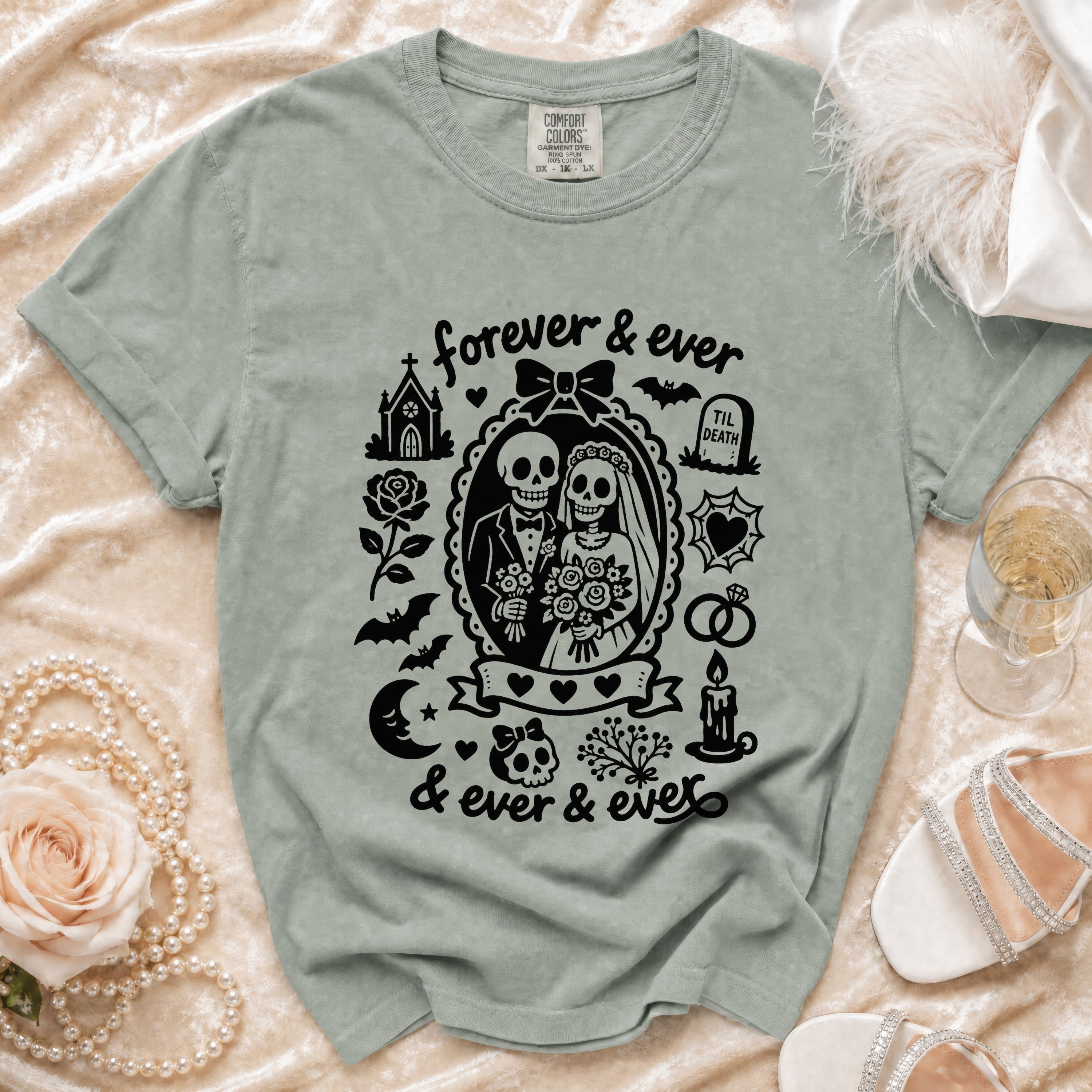 T-shirt with a skeleton bride and groom graphic, "forever & ever" text.