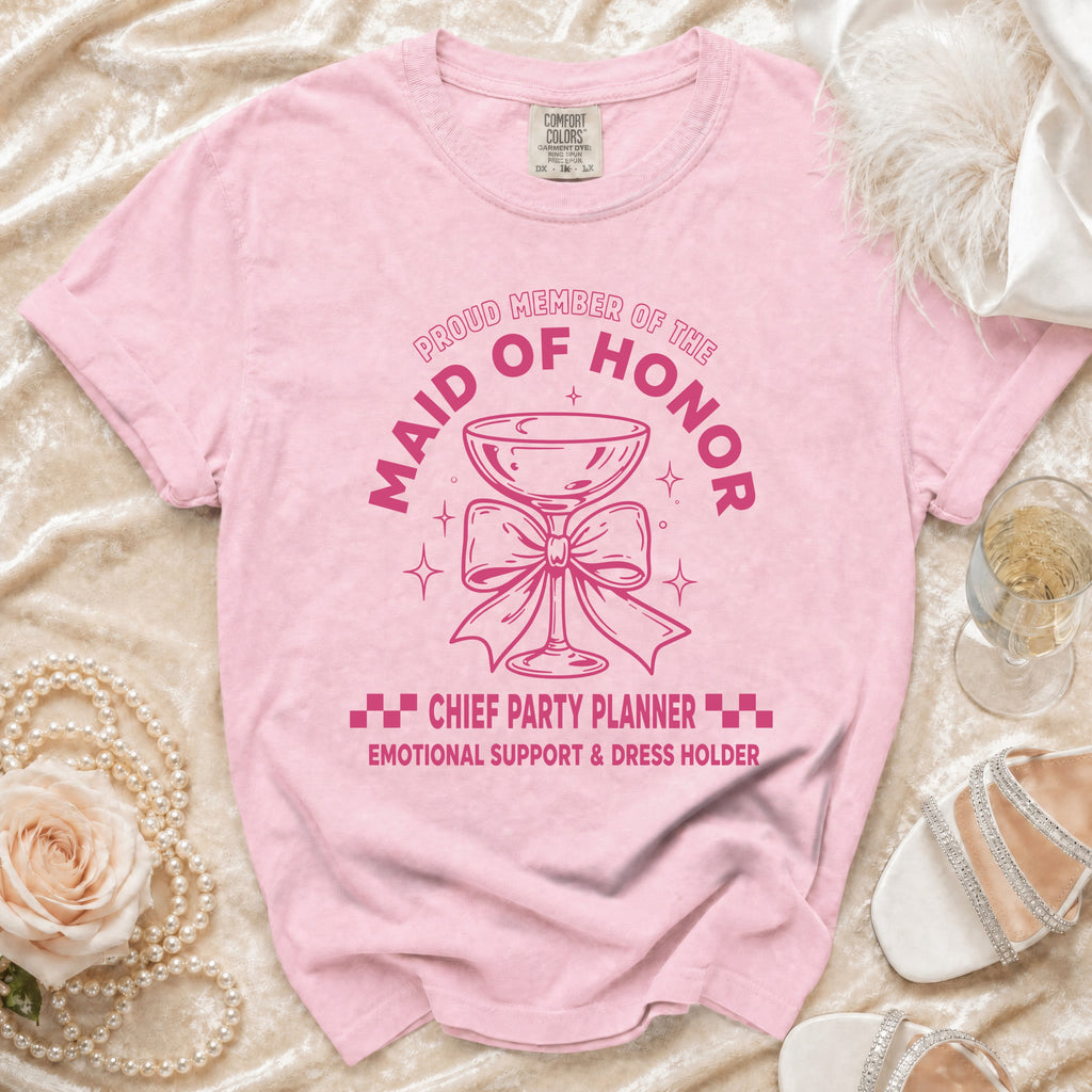 Pink t-shirt with "Maid of Honor" and "Chief Party Planner" text.