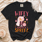 Black t-shirt with "Wifey Wants a Spritz" graphic featuring a cocktail glass.