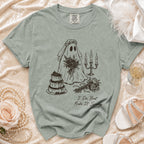 Ghost bride with skull crown, cake, and candles with text "I Do, But Make It